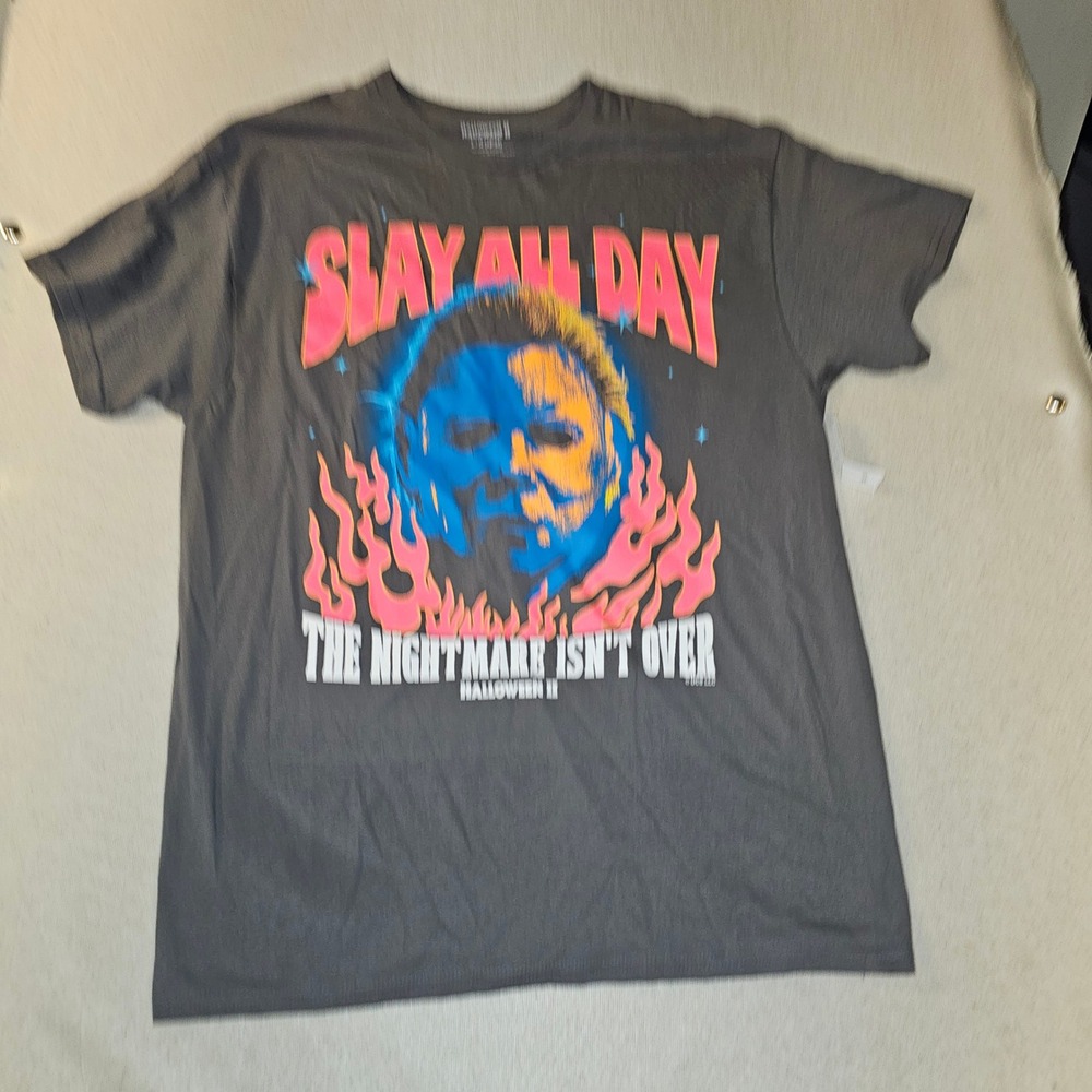 Halloween II Michael Myers Slay All Day Graphic T-Shirt Charcoal Grey Large NWT